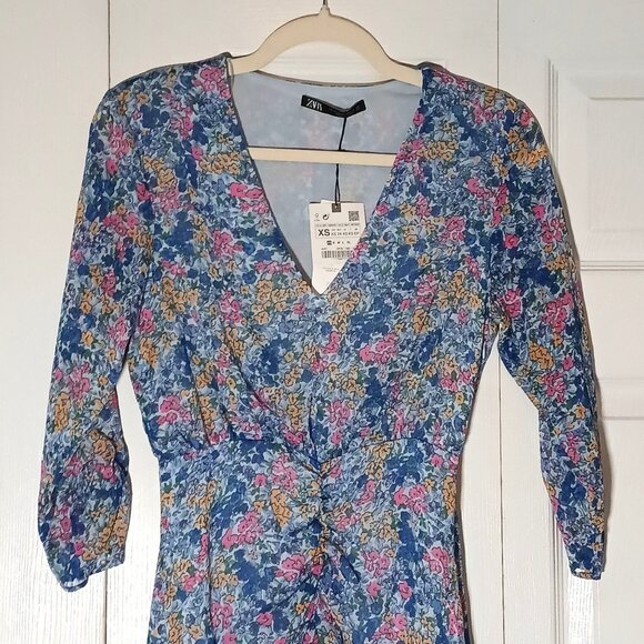 NEW Zara Ruched‎ Floral V-Neck Mini Dress Blue Multi 3/4 Sheer Sleeves Size XS - Picture 3 of 10